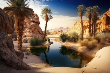 Sticker - desert oasis with palm trees and rocky shore of lake in the desert, created with generative ai