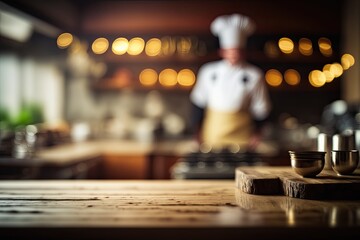 Wall Mural - Closeup of an Empty Table with a Blurred Restaurant Kitchen and Chef in the Background (Generative AI)