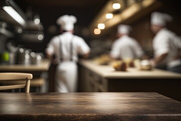 Wall Mural - Closeup of an Empty Table with a Blurred Restaurant Kitchen and Chef in the Background (Generative AI)