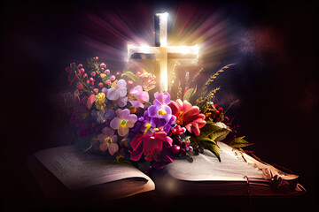 Wall Mural - Christian Easter concept. Jesus Christ resurrection. Bible holy book with cross and flowers