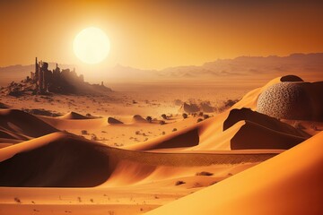 Canvas Print - desert landscape with sand dunes and sun over sahara, created with generative ai