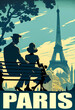 A couple in love sits on a bench in front of the Eiffel Tower in this romantic 1930s poster. Blue sky and pastel colors, inspired by flat design. Generative AI