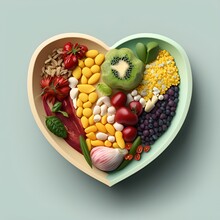 Heart Shaped Bowl With Healthy, Colorful, Fruits And Vegetables, Generative AI