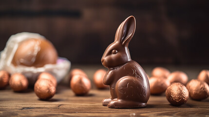 Wall Mural - Easter, delicious chocolate rabbit on a wooden table...