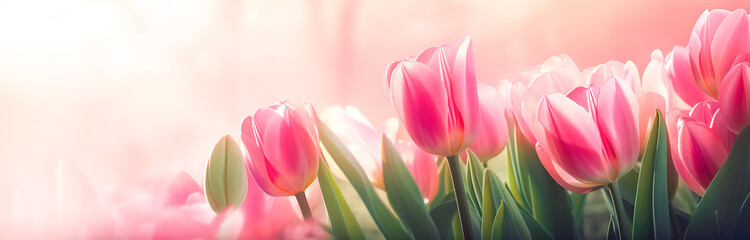 Beautiful spring tulips and space for text on light blue background. Horizontal banner design