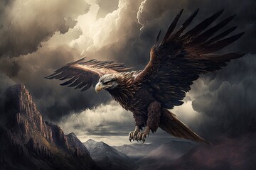 Wall Mural - griffin soaring over mountain range, with storm clouds gathering, created with generative ai