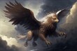 a griffin soaring through the clouds, with its wings spread wide, created with generative ai