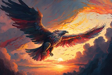 Sticker - griffin soaring through vibrant sunset, with fiery skies and clouds, created with generative ai