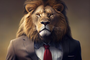 Sticker - close-up of lion businessman, showing his fierce and determined expression, created with generative ai