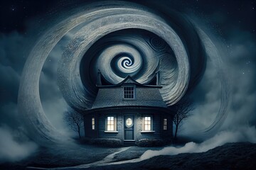 Canvas Print - house, surrounded by swirls of mist and fog, at night, created with generative ai