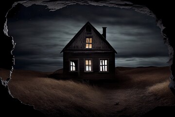 Poster - a house shrouded in darkness, with only the windows lit, created with generative ai