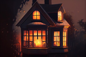 Sticker - close-up of house, with lights shining through the windows and casting a warm glow, created with generative ai