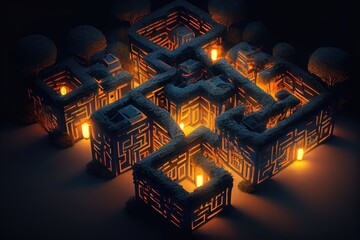 Wall Mural - a maze of house lights, illuminating the way in the dark, created with generative ai
