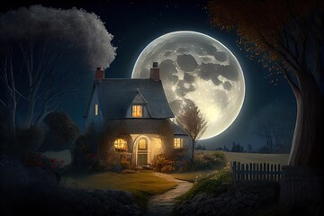 Wall Mural - full moon hanging in the night sky, with view of peaceful house and garden, created with generative 