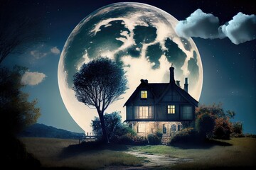 Wall Mural - full moon hanging in the night sky, with view of peaceful house and garden, created with generative 