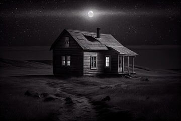 Sticker - pitch-black house, with only the light from the moon and stars shining in through the windows, created with generative ai