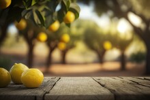 Closeup Of An Empty Table With A Blurred Lemon Grove In The Background (Generative AI)