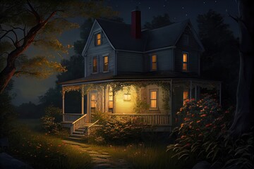 Canvas Print - summer night, with the house lit from within, and warmly inviting, created with generative ai