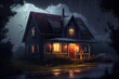 house, with warm and cozy interior, in the middle of the night stormy weather, created with generative ai