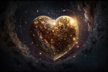 Wall Mural - a heart, suspended in the night sky, with stars and planets visible, created with generative ai