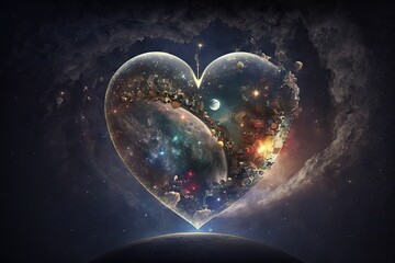Wall Mural - a heart, suspended in the night sky, with stars and planets visible, created with generative ai