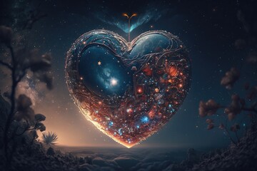 Wall Mural - a heart, suspended in the night sky, with stars and planets visible, created with generative ai