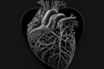 Canvas Print - human heart, with intricate veins and arteries, visible in black-and-white art, created with generative ai