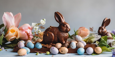 Chocolate eggs and easter eggs on a bird's nest, chocolate bunny and sweets on a white wooden table. generative AI