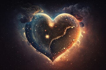 Wall Mural - heart against background of twinkling stars and planets, created with generative ai