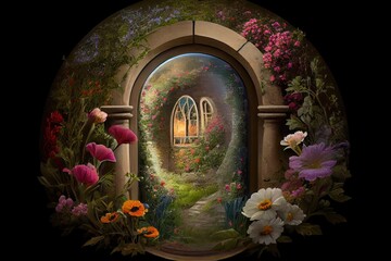 Sticker - keyhole, with view of garden or courtyard, filled with lush greenery and blooming flowers, created with generative ai