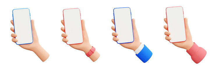 hand holding mobile phone 3d render illustration - human hand with telephone with empty screen.