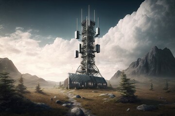 Wall Mural - 5g tower, towering over the landscape with antennas and equipment in place, created with generative ai