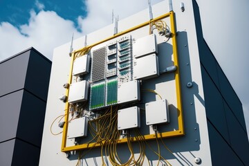 Poster - 5g network node, with antennas and cables, being installed on side of building, created with generative ai