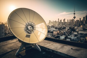 Sticker - detail of satellite dish on the roof, with view of city in the background, created with generative ai