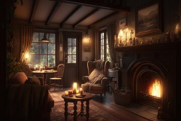 Sticker - a cozy country house with a roaring fire, warmly inviting visitors to stay, created with generative ai