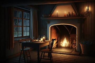 Wall Mural - fireplace with flame flickering, warm and cozy interior in a country house at night, created with generative ai