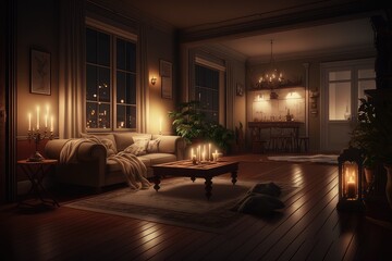 Canvas Print - interiorscape of candlelit living room with warm and cozy atmosphere, featuring plush seating and wooden flooring, created with generative ai