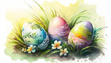Fototapeta Mapy - Easter eggs on the grass, watercolour