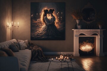 Sticker - a romantic scene of candlelight dancing on the walls and illuminating a cozy living room, created with generative ai