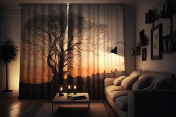 Canvas Print - curtain of soft, warm light, creating cozy and romantic atmosphere in the living room, created with generative ai