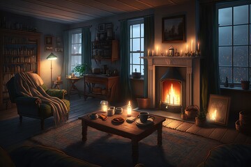 Wall Mural - a cozy living room, with a fireplace and flickering candlelight, on a cold winter night, created with generative ai