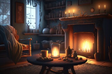 Wall Mural - a cozy living room, with a fireplace and flickering candlelight, on a cold winter night, created with generative ai