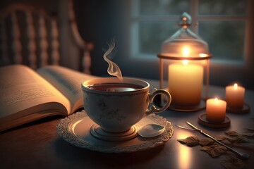 Wall Mural - relaxing moment, with candlelight and soft music in the background, while enjoying a warm cup of tea, created with generative ai