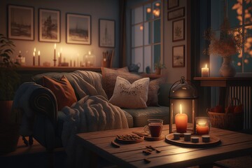 Sticker - cozy living room with warm lighting, comfortable sofa and candle burning on the table, created with generative ai