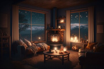 Sticker - a candlelit living room, with the warm glow of candles and a view of the stars in the night sky, created with generative ai