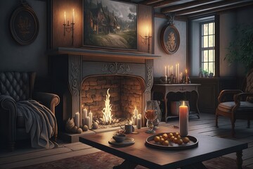 Wall Mural - a cozy living room, with a warm fireplace and candles on the table, invites you to take a break from your busy day and relax, created with generative ai