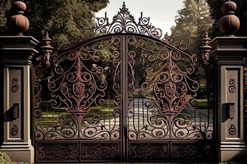 Wall Mural - iron mansion gates with intricate and decorative scrollwork, created with generative ai