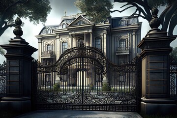 Poster - luxury mansion, with intricate iron gates and towering trees in the background, created with generative ai