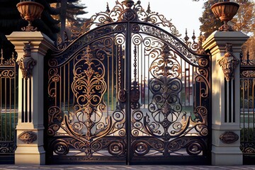 Poster - iron mansion gates, with intricate scrollwork design and bright finish, created with generative ai