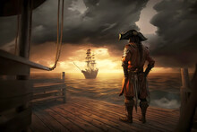 Pirate Stands In Port Overlooking Old Sailing Ships In Sea At Sunset, Generative AI